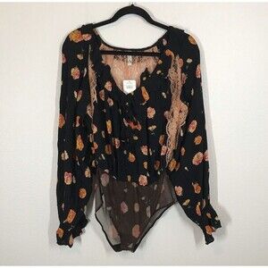 Free People Women's Poppy Print Bodysuit Size Small Intimately Lace Long Sleeve